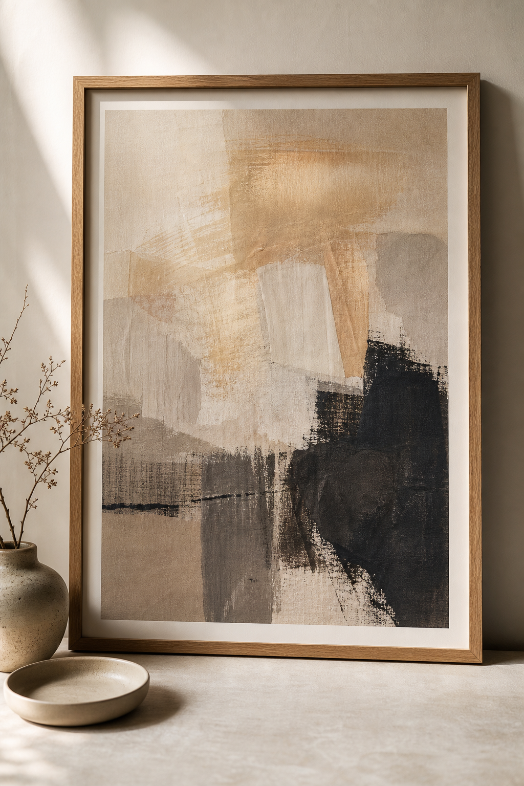 Portrait-oriented framed artwork with layered brush textures in warm neutrals and deep charcoal accents, photographed in soft studio light.