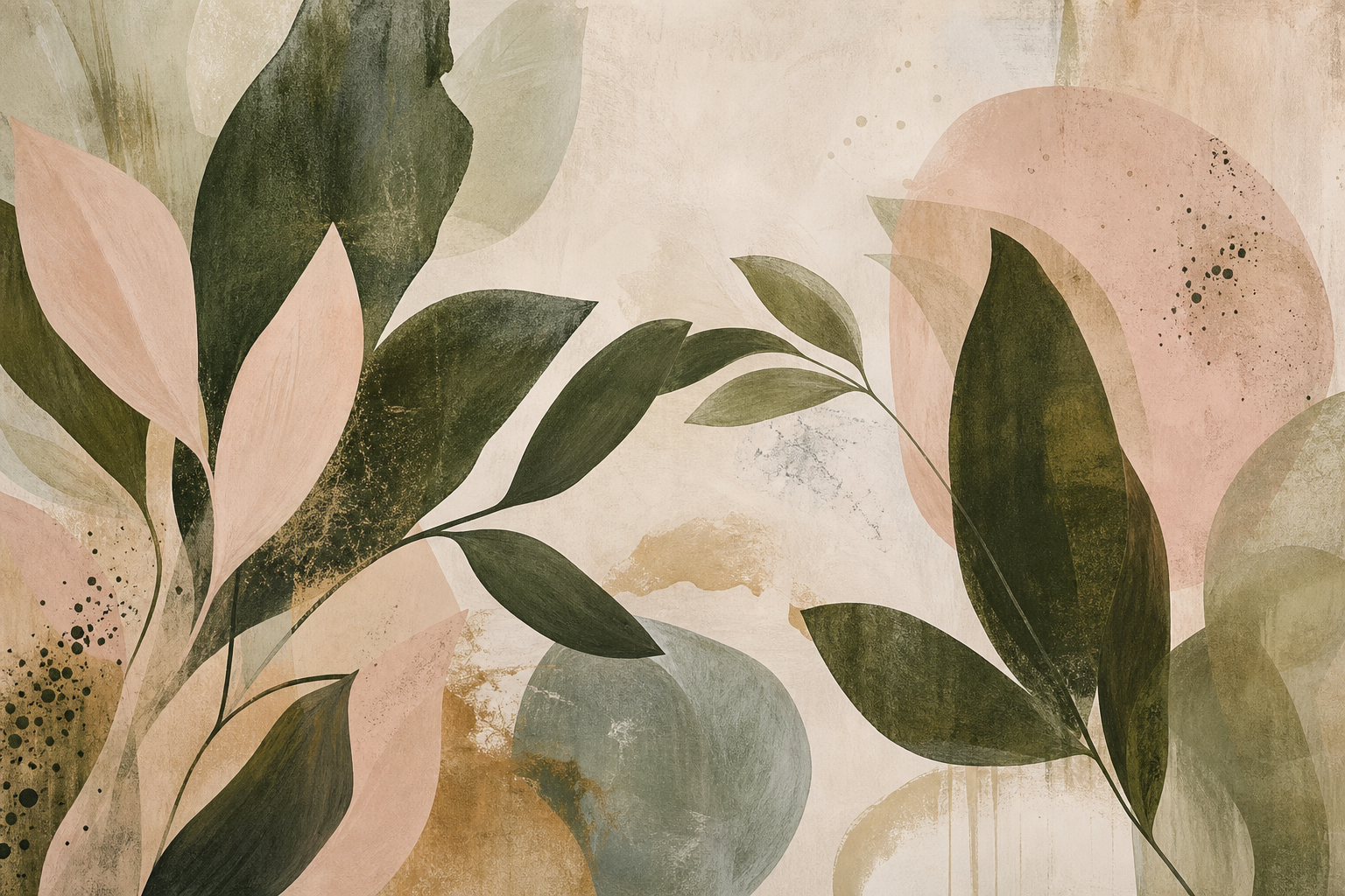 Panoramic artwork with layered botanical silhouettes in moss and blush