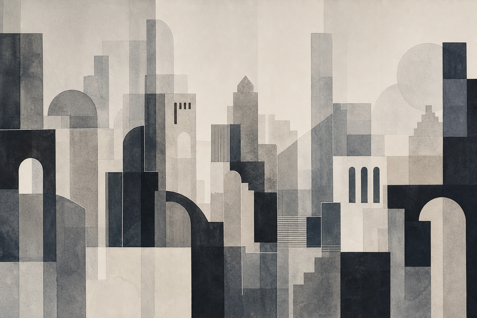 Wide monochrome artwork with layered architecture-inspired forms