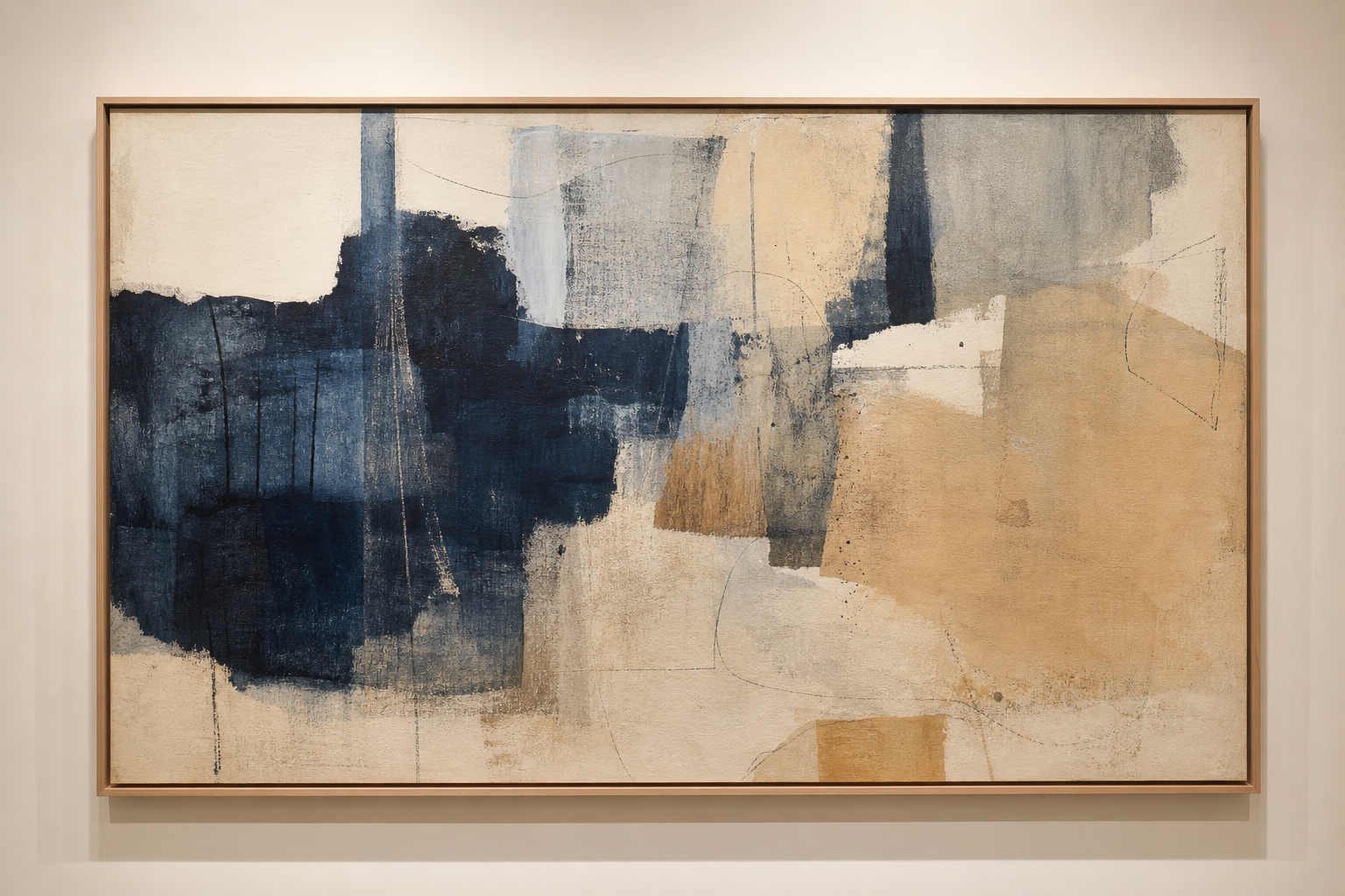 Large horizontal artwork with layered indigo and sand-toned brush fields