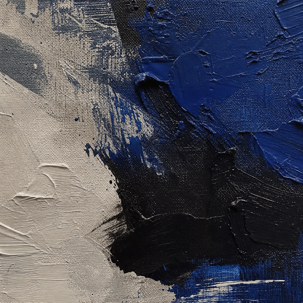 Supporting detail crop of an original painting showing bold cobalt and charcoal pigment textures