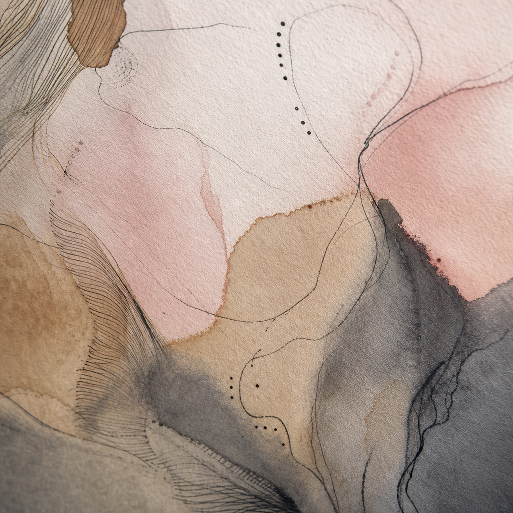 Supporting detail crop highlighting fine ink lines over blush, sand, and smoke-gray watercolor layers