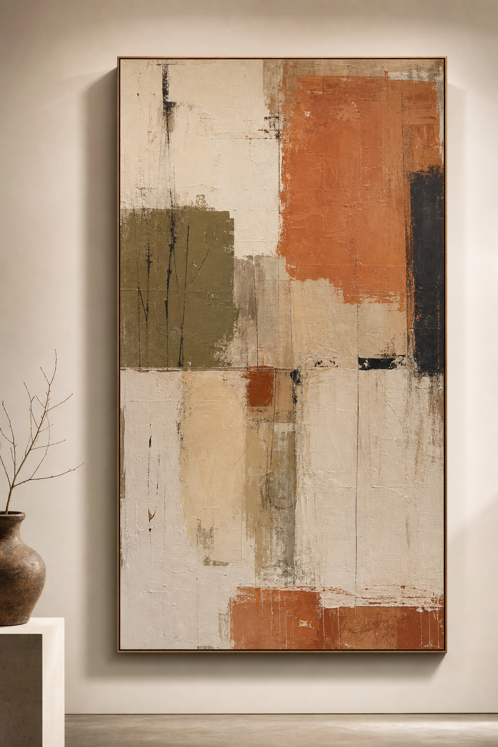 Large framed original artwork with layered brush textures in warm terracotta, muted olive, and soft cream tones