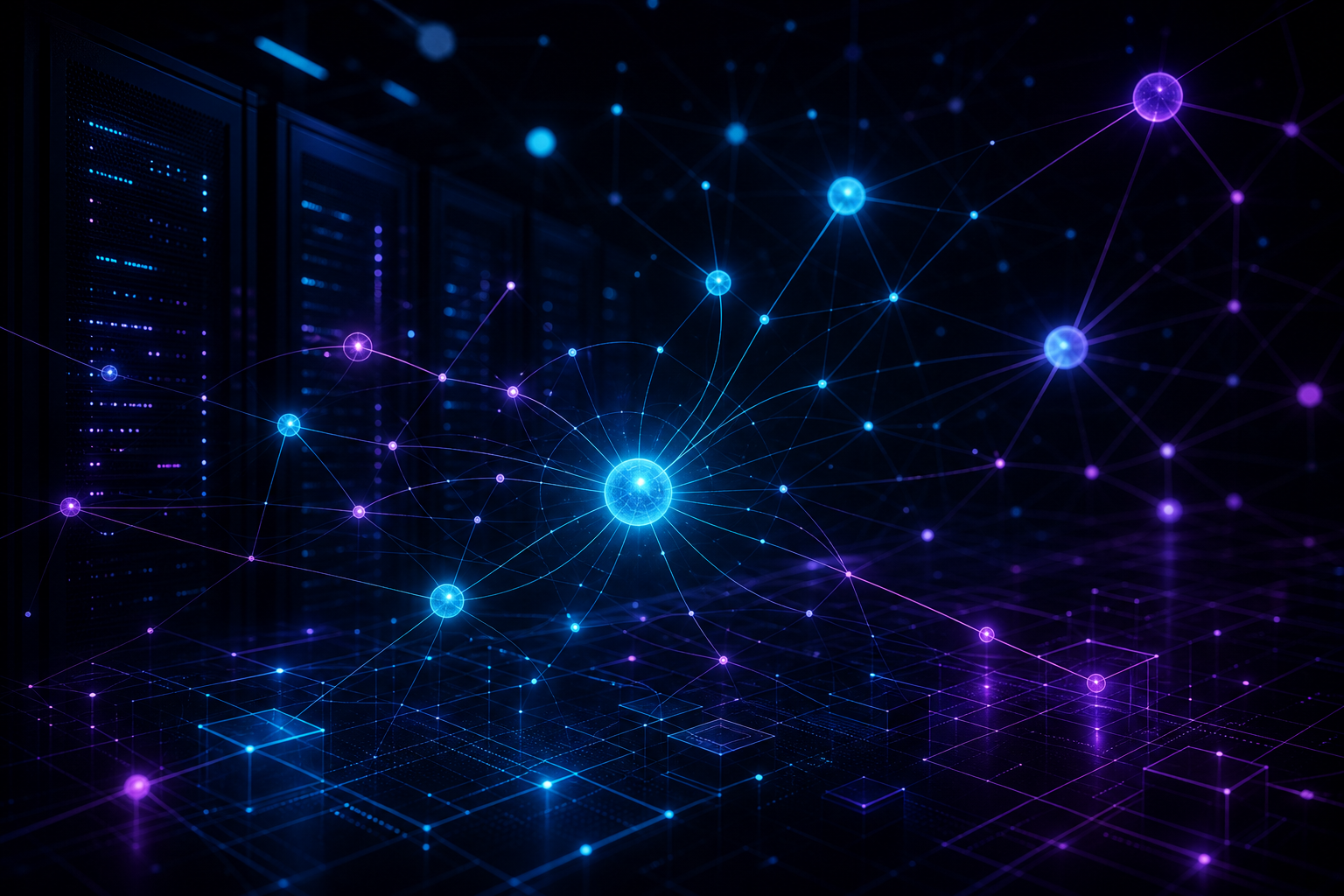 Abstract neural-network infrastructure diagram with glowing nodes, circuit traces, and server silhouettes