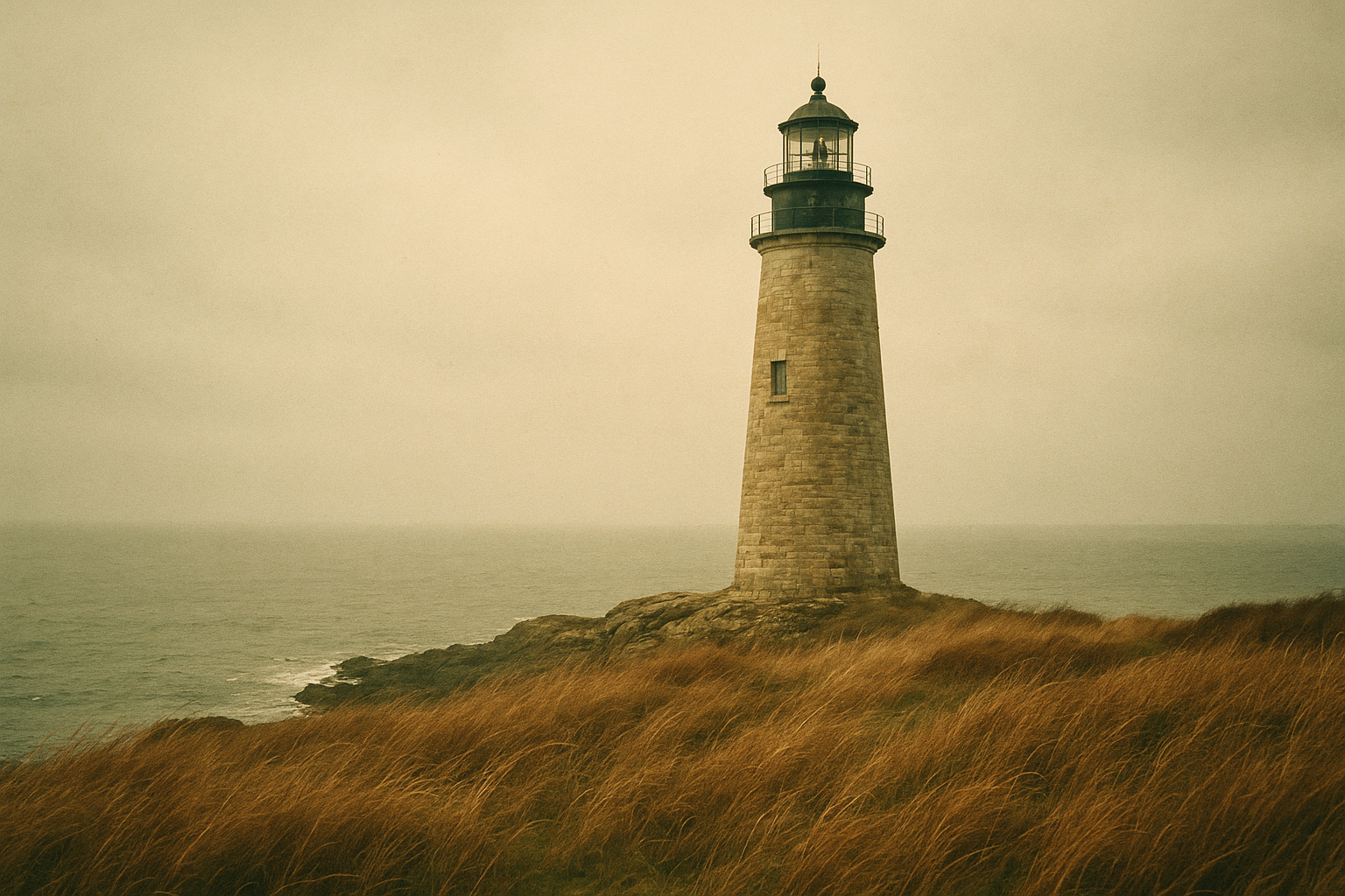 Archival photograph of a northern coast lighthouse on a windswept shoreline in warm film tones