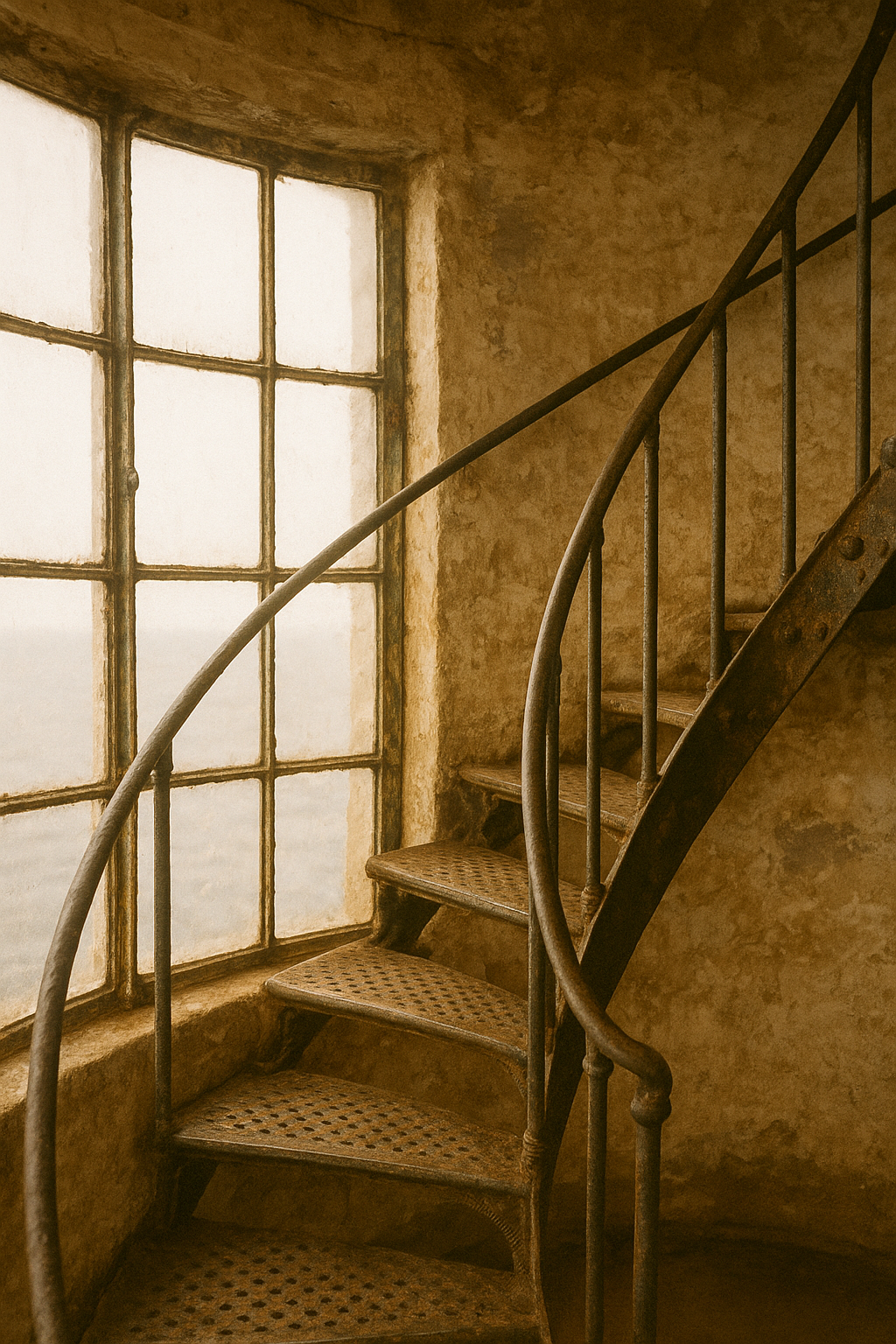 Archival-style close view of a lighthouse lantern room staircase with weathered metal rails, sea-worn stone, and warm film-like grain