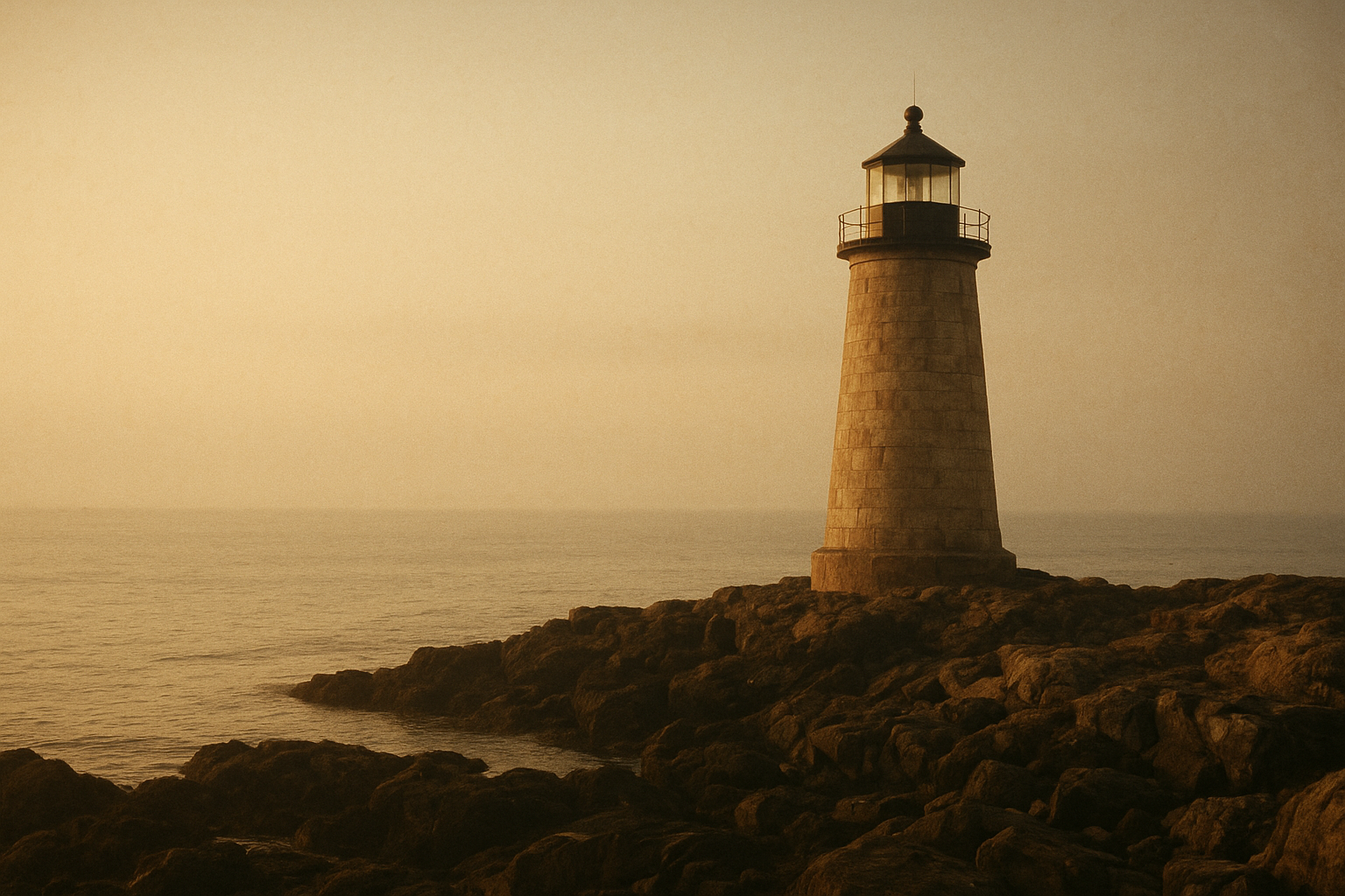 Weathered northern-coast lighthouse above a rocky shoreline at late day, with sea haze and warm cinematic light