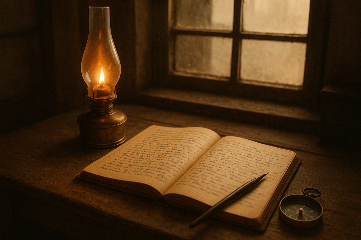 Warm archival scene of a lighthouse keeper's oil lamp beside an open handwritten logbook on a wooden watch-room desk