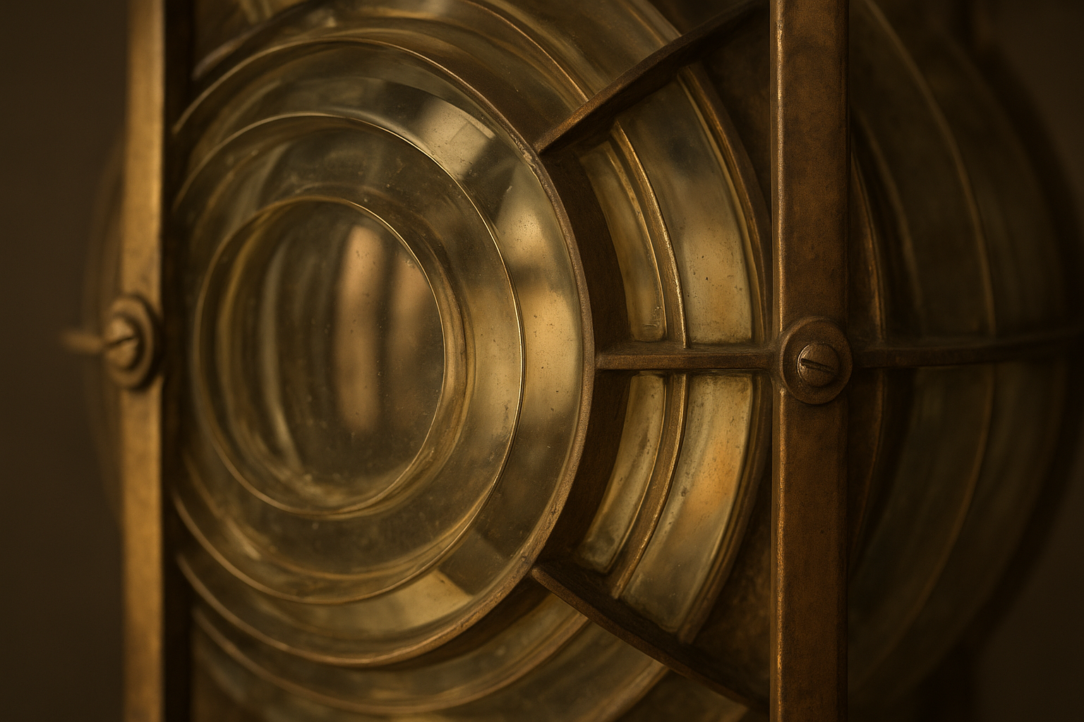 Close archival detail of a weathered lighthouse lens prism with warm brass housing