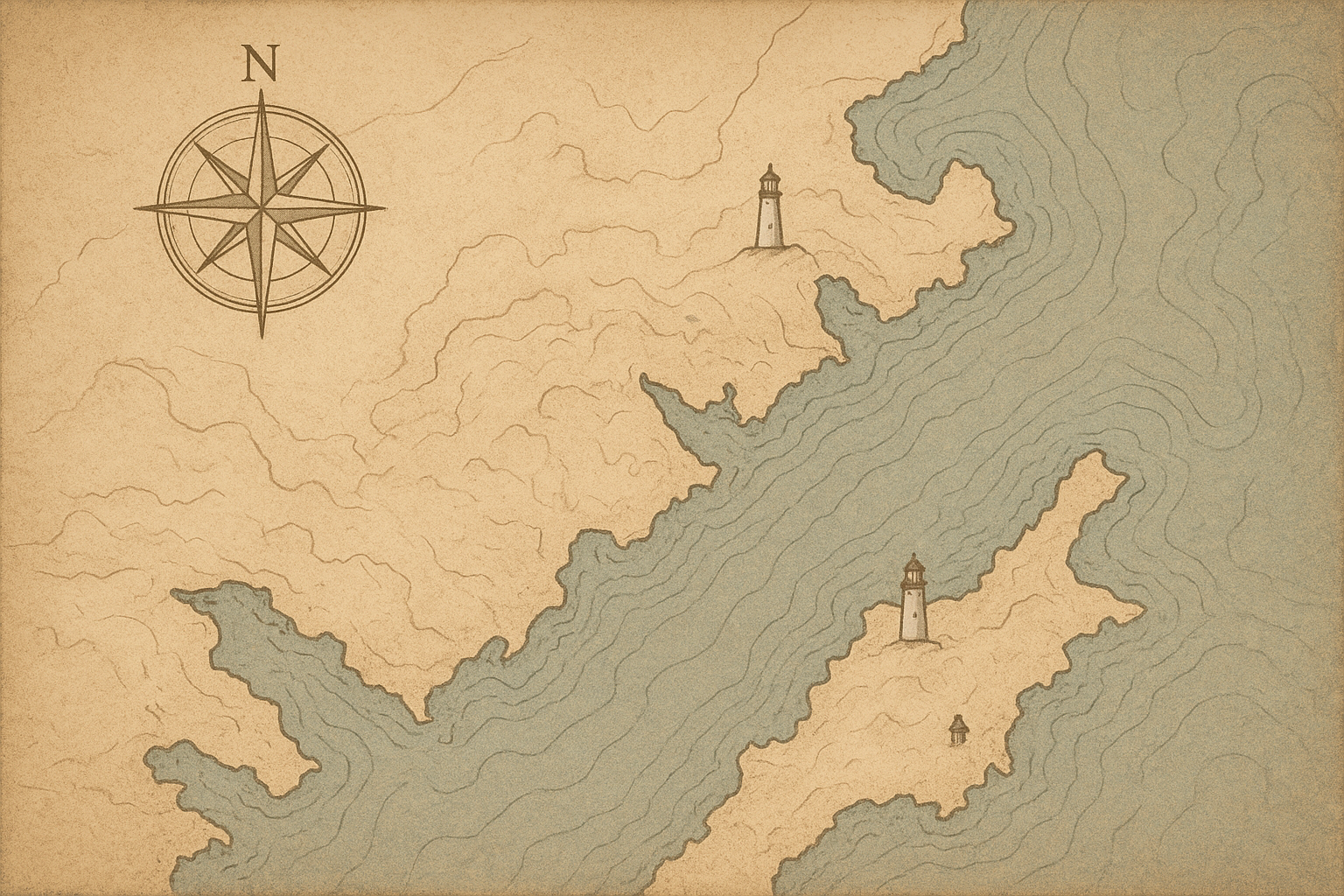 Illustrated heritage map of the northern coastline with lighthouse markers, shoreline contours, and warm vintage cartographic tones