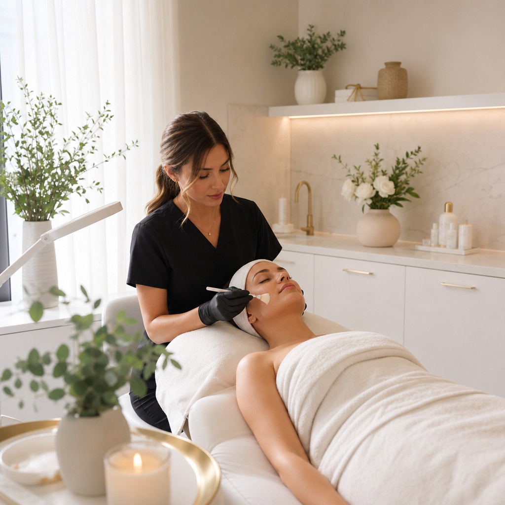 Warm, airy medspa treatment room with a soft-lit facial treatment in progress, featuring neutral linens, white cabinetry, and a calm feminine ambiance