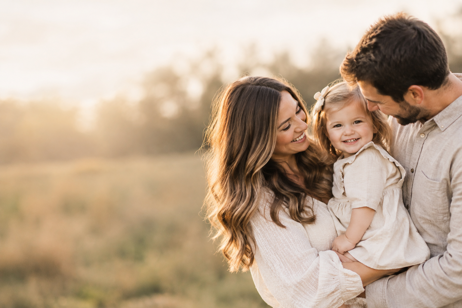 Warm natural-light portrait session with authentic family interaction in a softly blurred outdoor setting