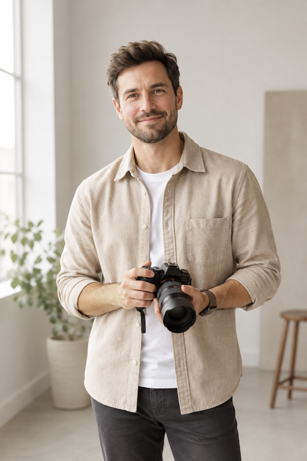 Ross, a professional portrait photographer, smiling in a naturally lit studio while holding a camera