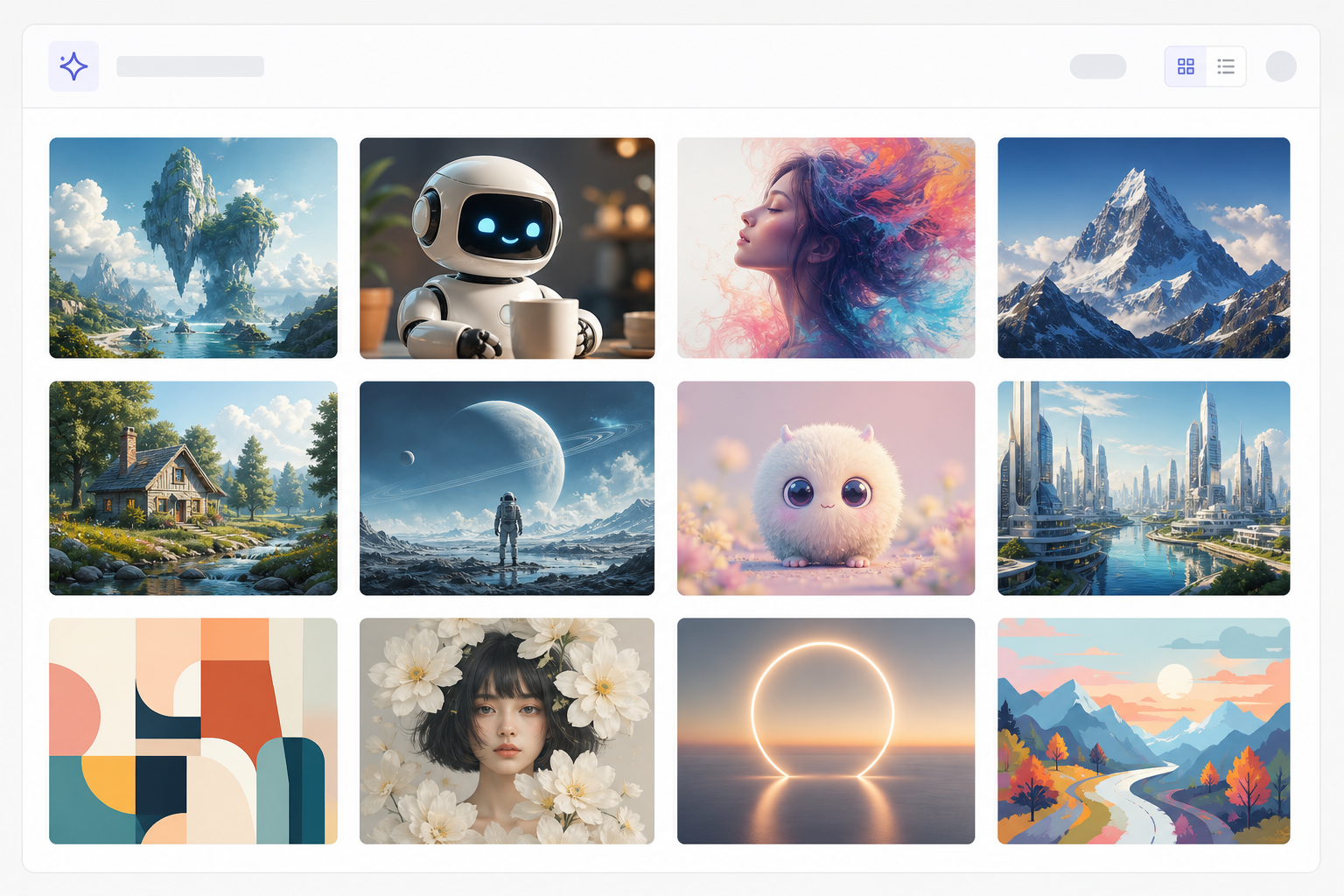 Grid of colorful AI-generated art thumbnails on a neutral interface