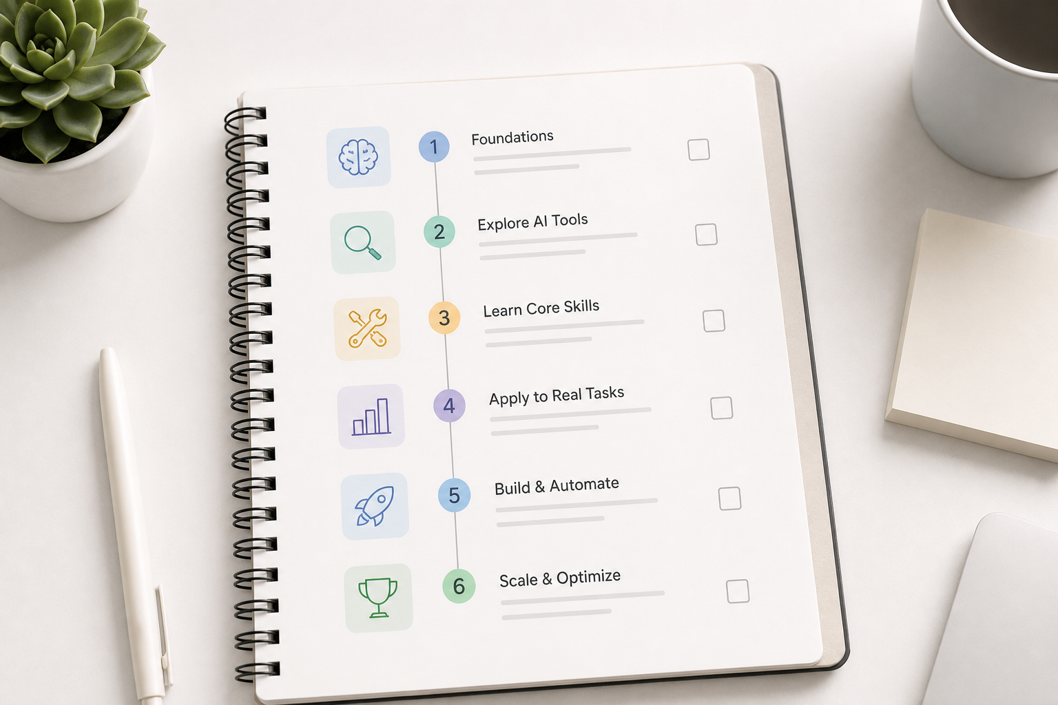 Notebook layout with a structured AI learning roadmap and progress checklist