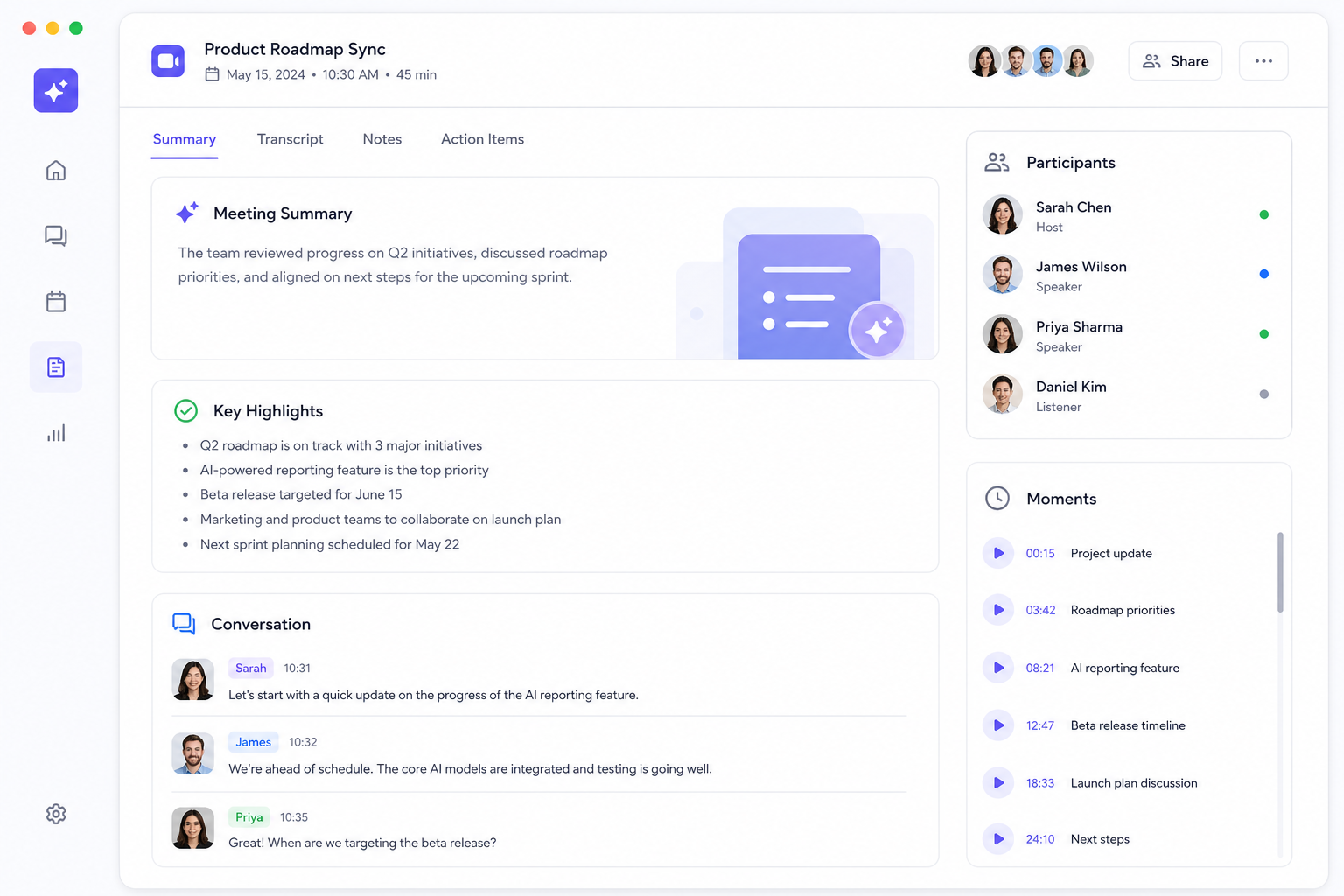Screenshot-style layout showing AI meeting notes and summary highlights