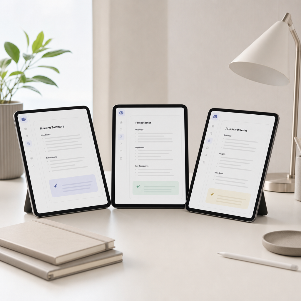 Three slim tablets on a desk displaying AI note summaries with clean typography