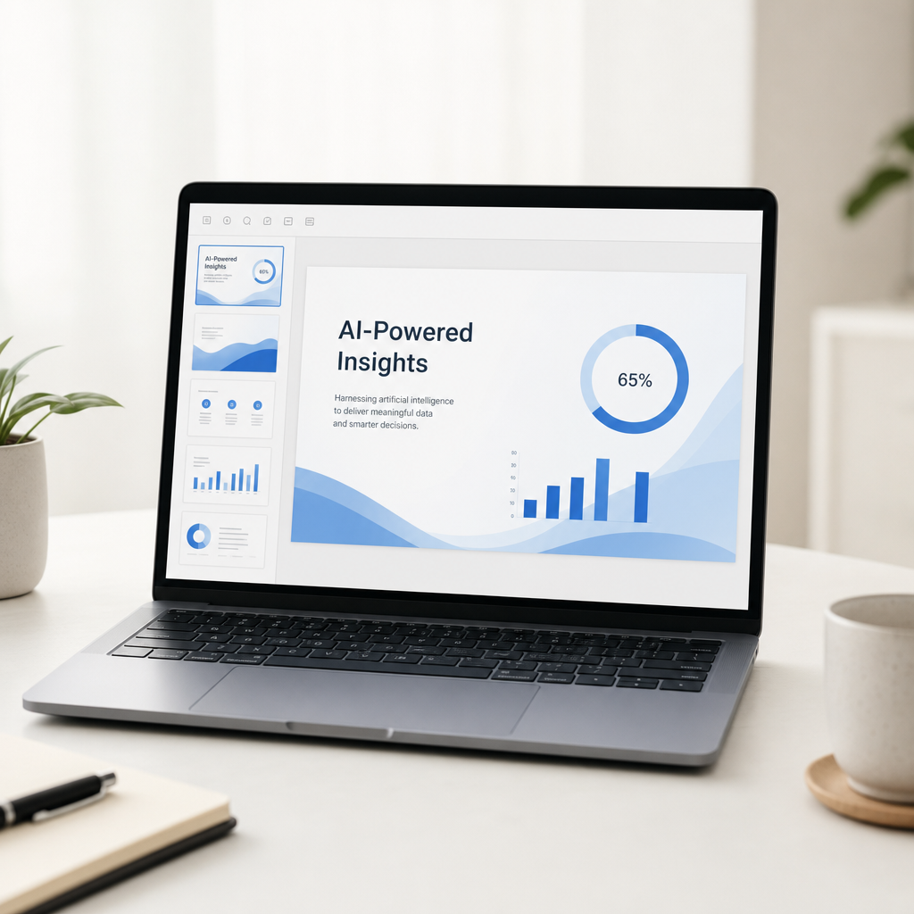 Open laptop showing an AI-generated slide deck with charts and a clean blue theme