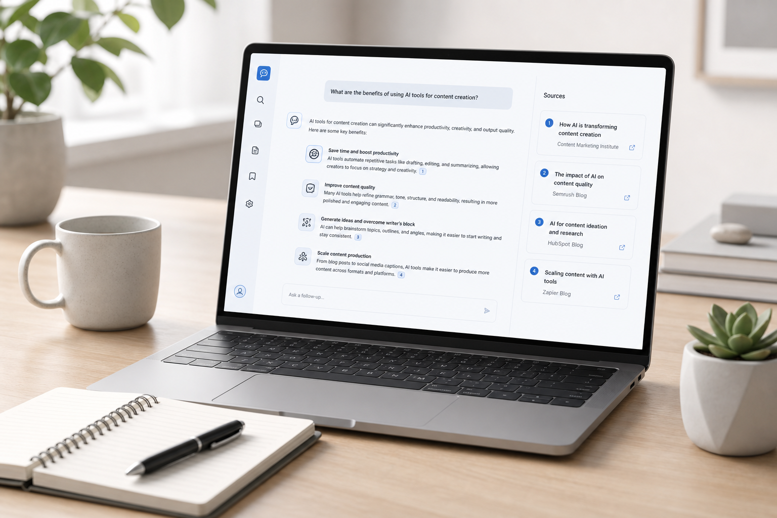 Clean desk scene with a laptop showing an AI research interface and highlighted citations