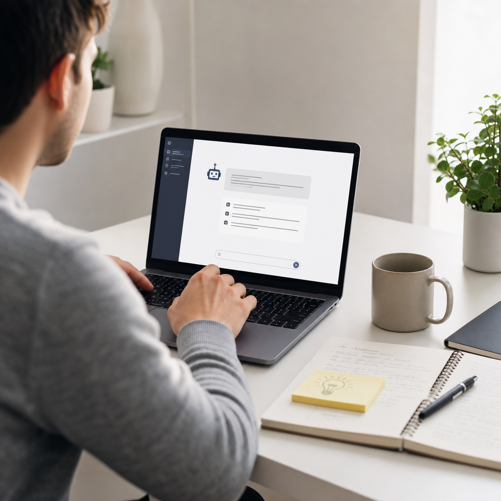 Researcher using an AI assistant on a modern laptop with neatly arranged notes and a minimal desk