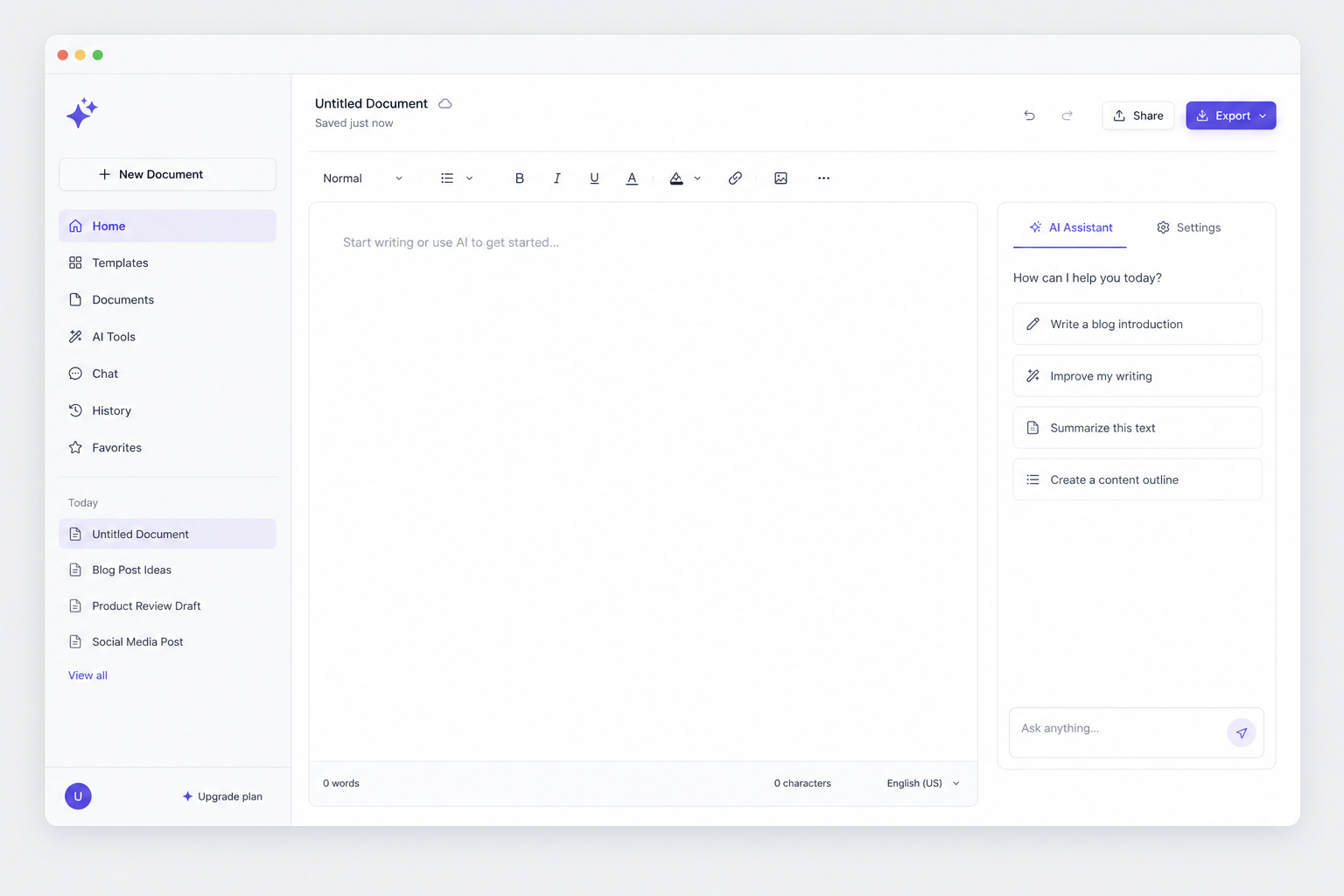 Editorial screenshot of a clean AI writing assistant dashboard with a blank document and sidebar tools