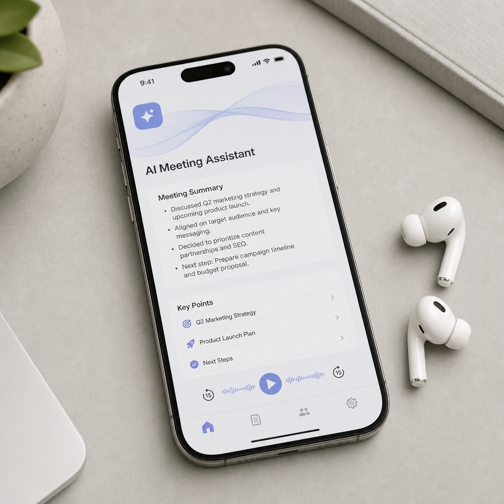 Clean close-up of a smartphone displaying an AI meeting assistant summary, placed on a light gray surface with wireless earbuds