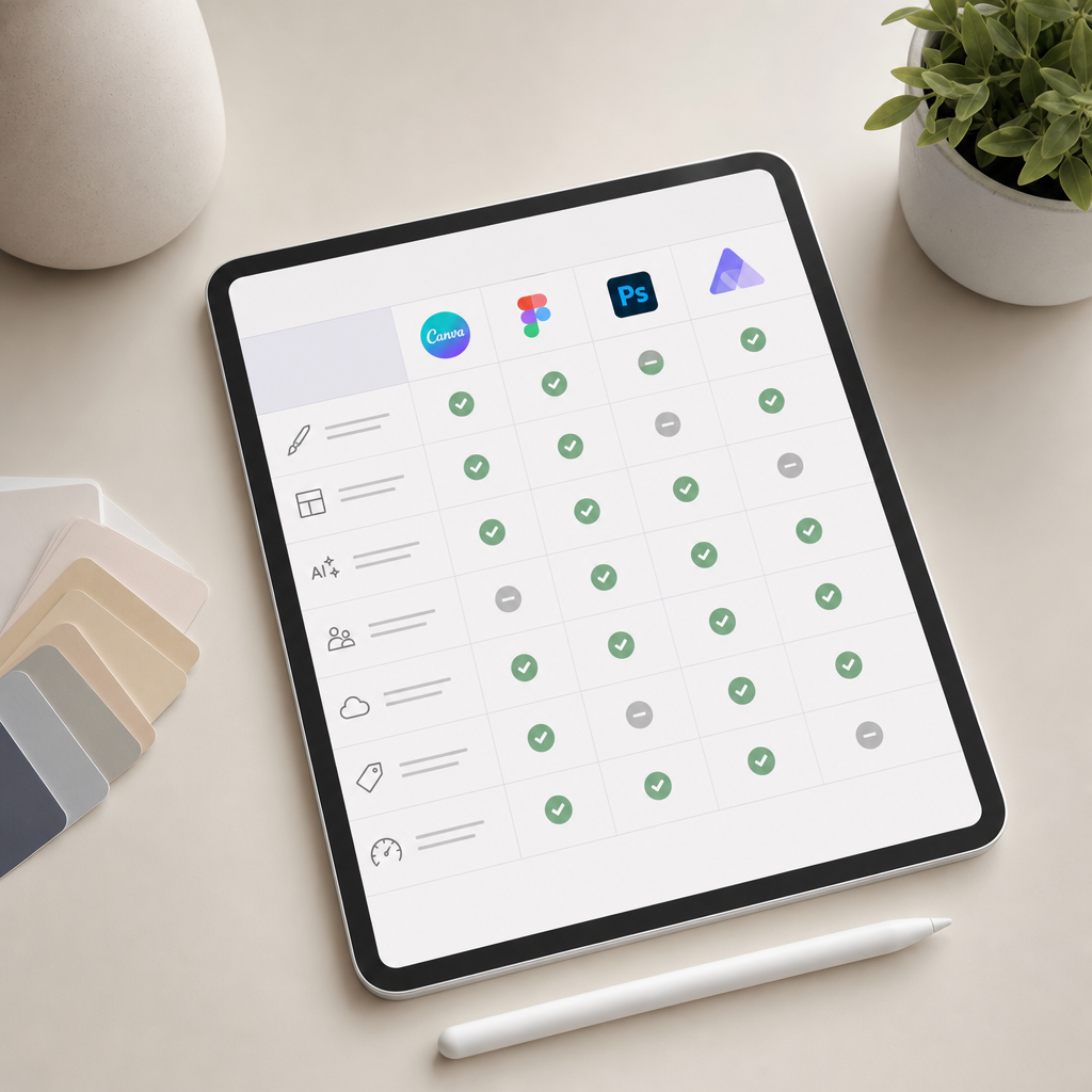 Soft-lit image of a tablet with a comparison checklist for AI design tools, alongside a stylus and color swatches