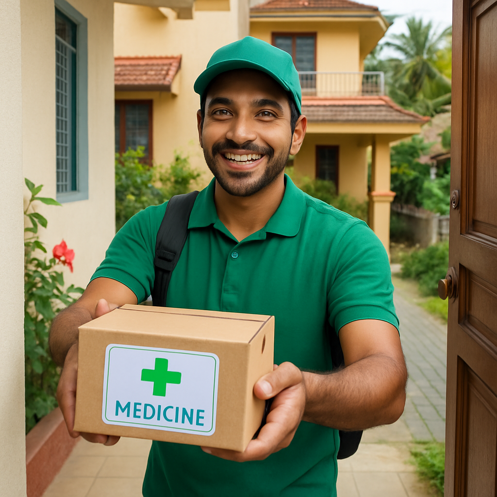Delivery person in green uniform handing a medicine parcel at doorstep