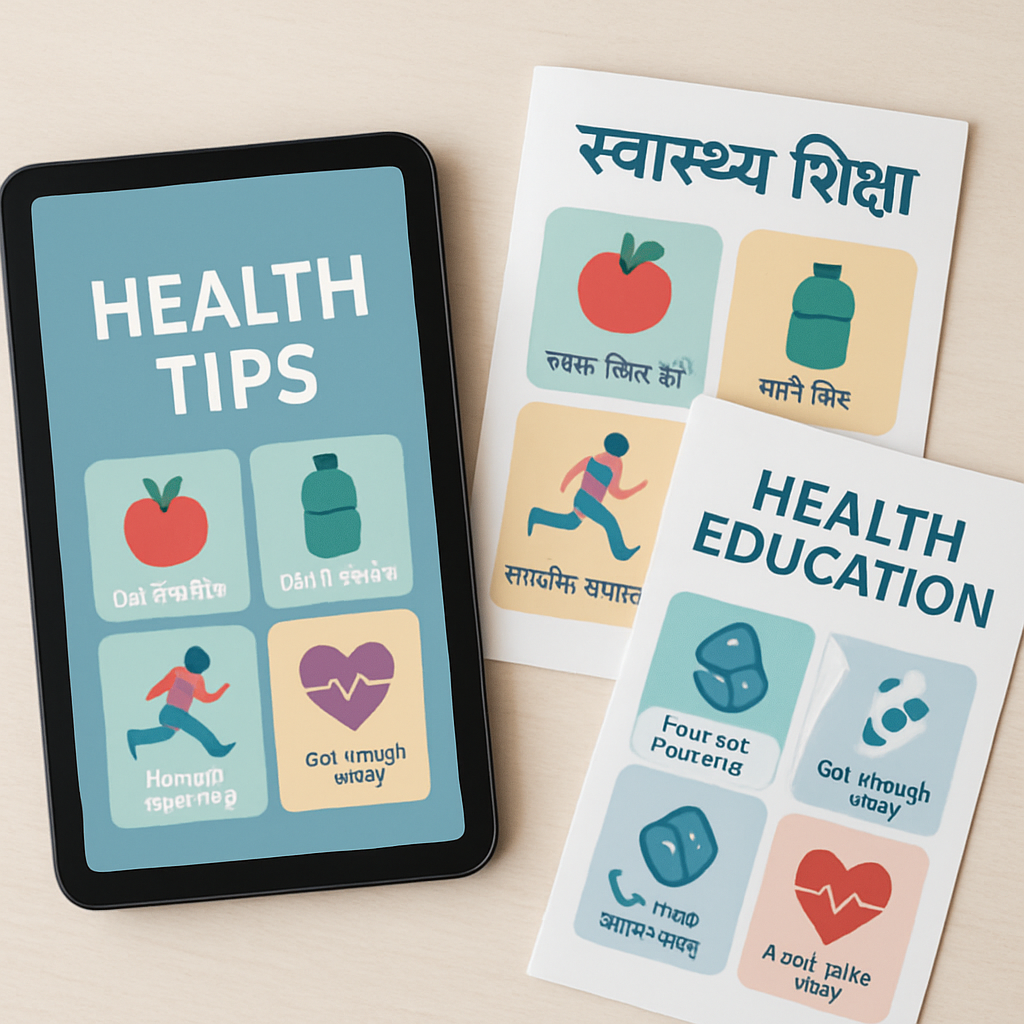 Tablet and leaflets with health education materials in Hindi and English