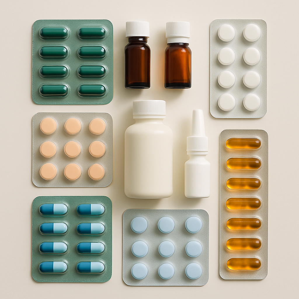 Assortment of medicine strips and bottles, neat and organized