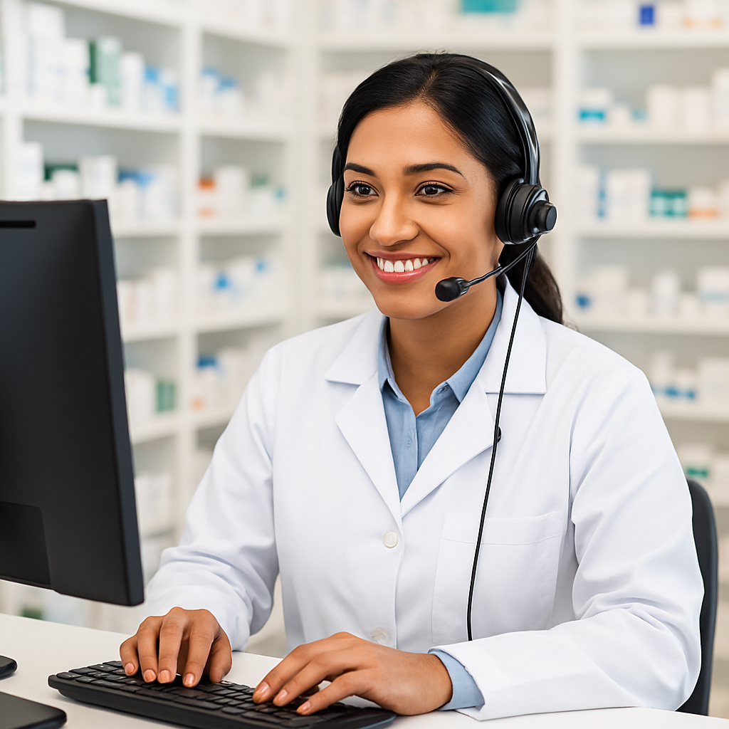 Friendly Indian pharmacist providing customer support online