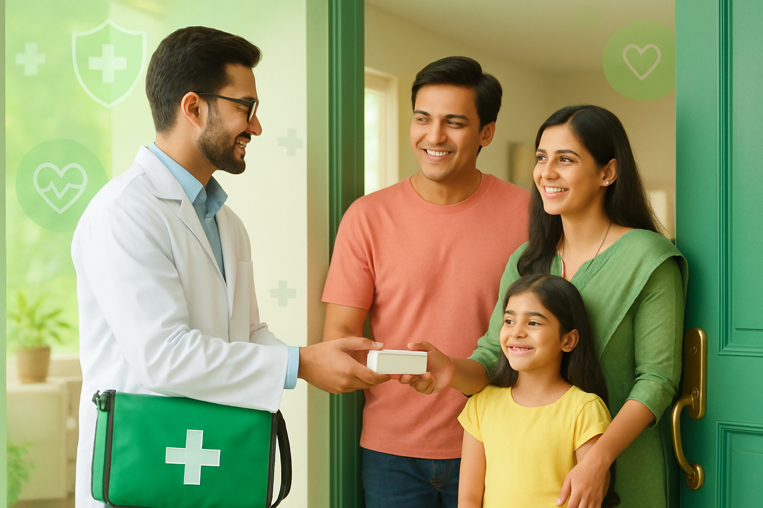 Indian pharmacist handing a medicine box to a family at their home, with delivery bag and green health icons overlay