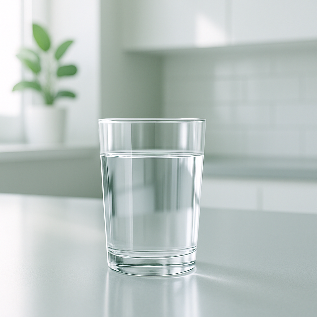 Close-up of a clear glass of filtered water from NSK Advanced Water Systems LLC on a kitchen counter