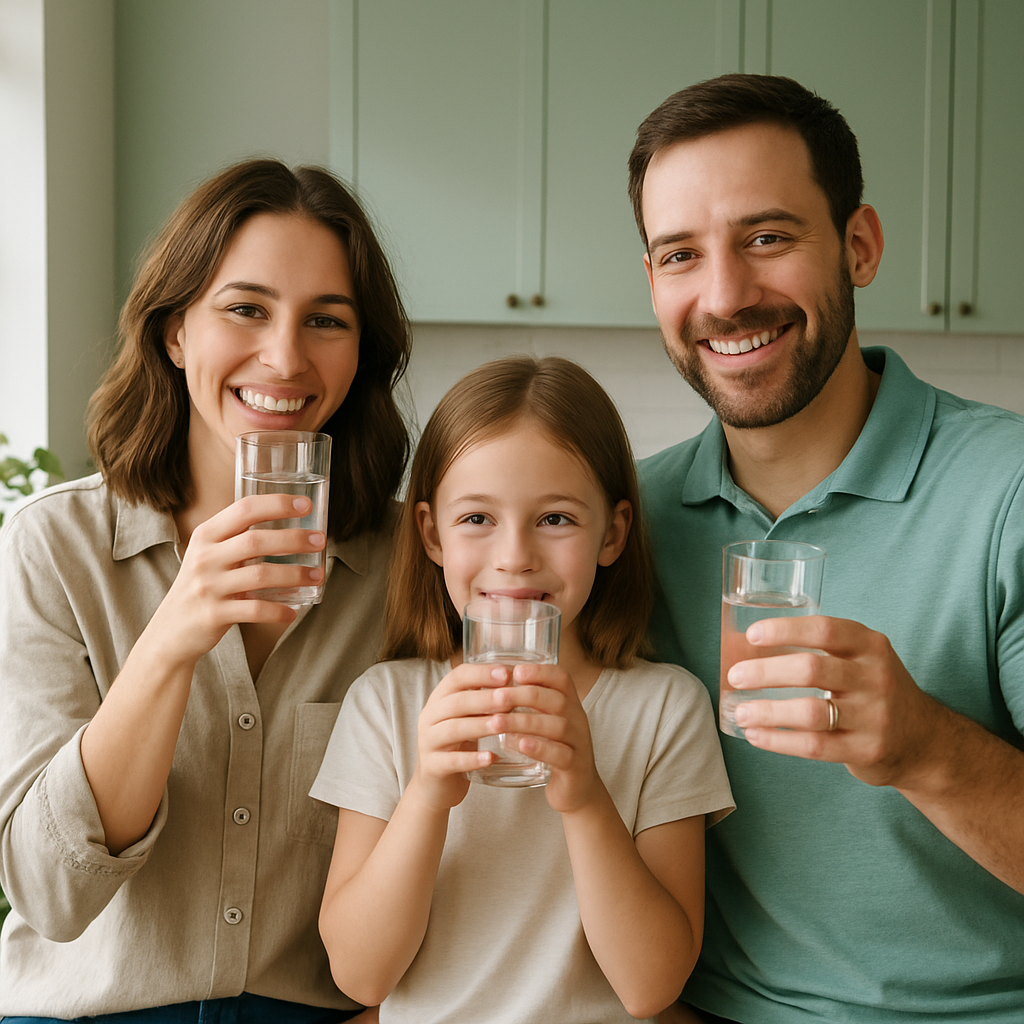 Family enjoying fresh water with NSK Advanced Water Systems LLC in a modern kitchen
