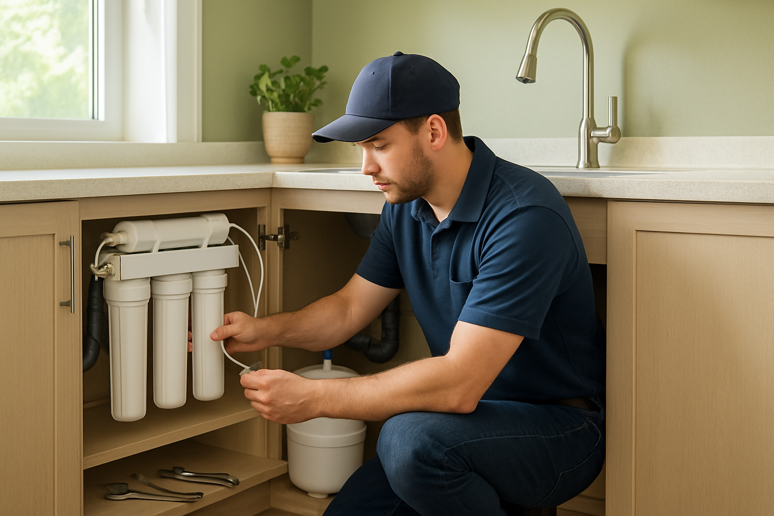 Technician installing an under-sink water filtration system in a modern kitchen