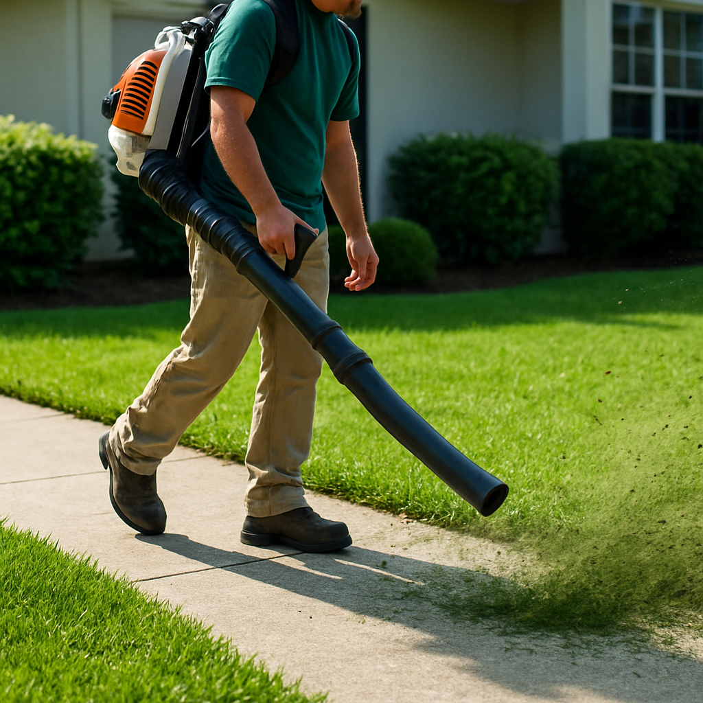 Clean placeholder graphic showing a leaf blower icon with subtle leaf accents on a soft green-blue background