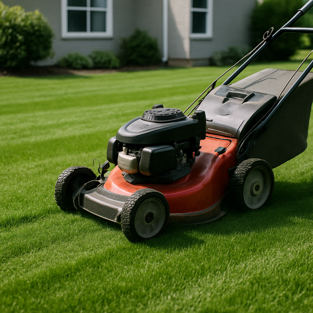Clean placeholder image frame with a mower icon on a soft green-blue background for lawn mowing service
