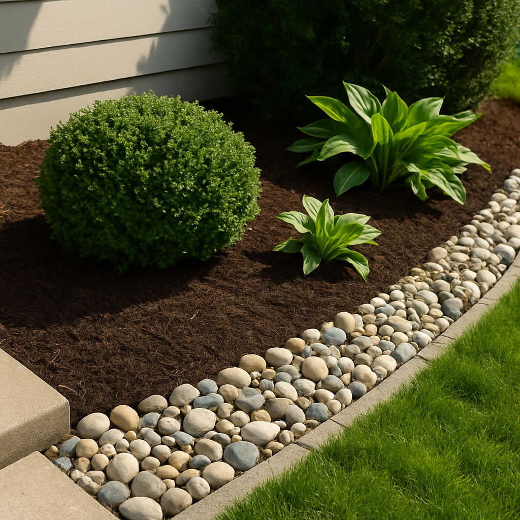 Minimal placeholder graphic with mulch and river rock icons on a soft green-blue background