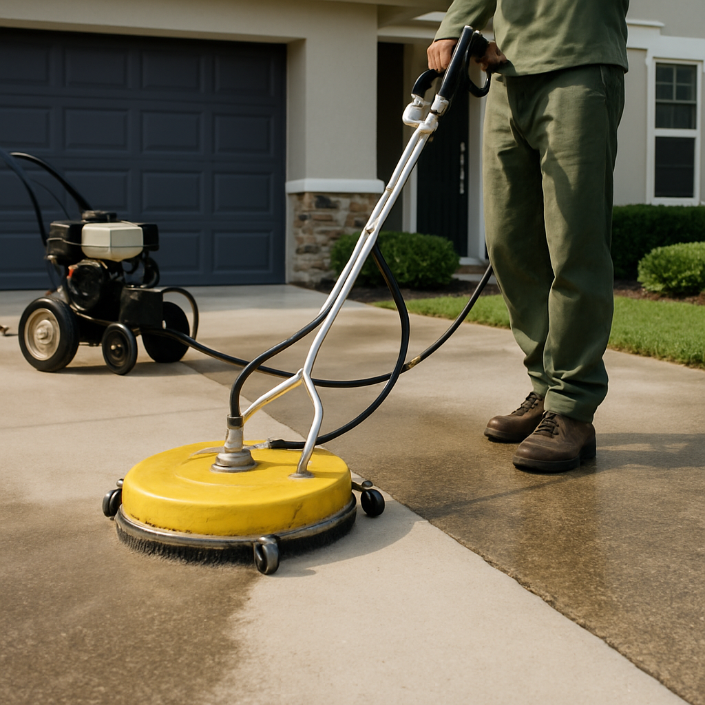 Placeholder image with a pressure washer wand icon and driveway lines on a soft blue-green background