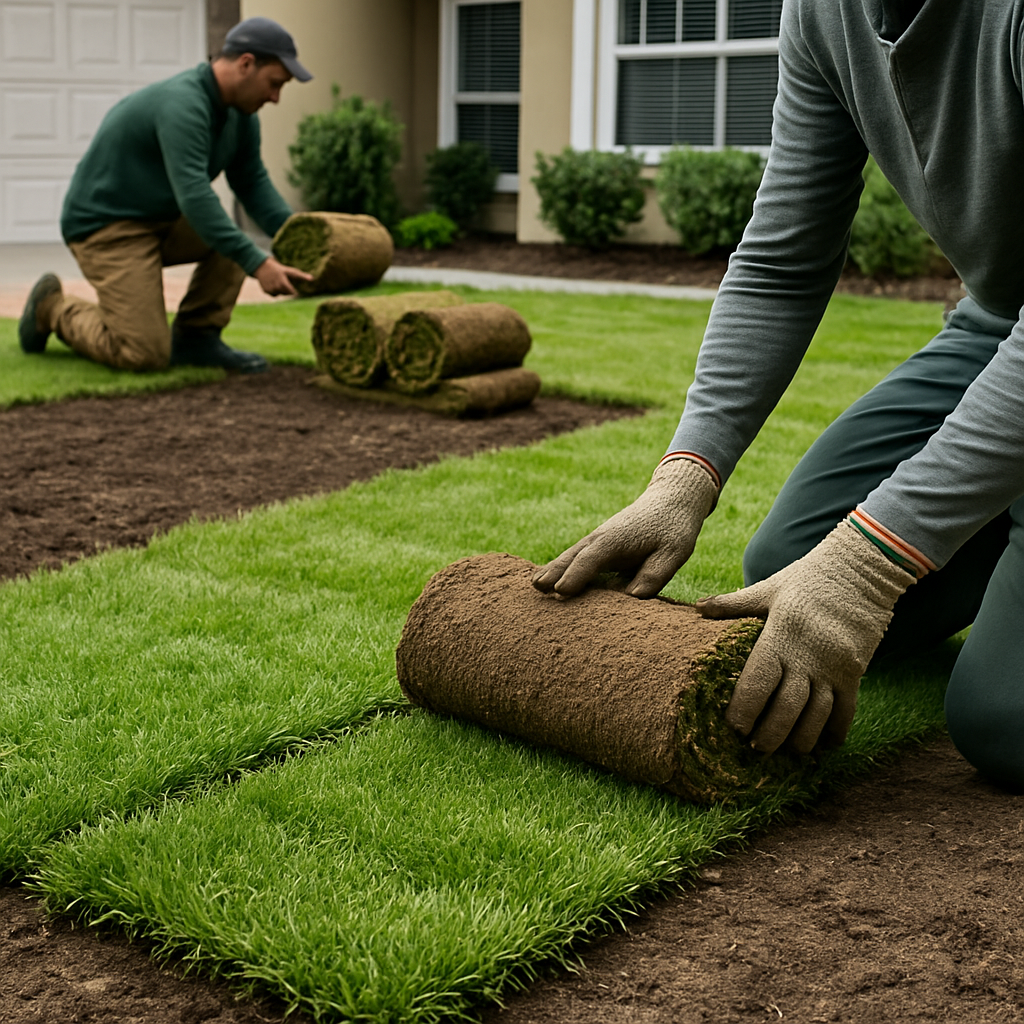 Clean placeholder image with a sod roll icon and subtle grass lines on a soft green background