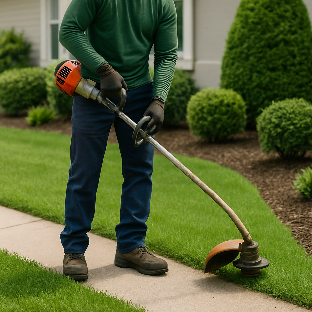 Minimal placeholder image with a string trimmer icon on a soft green-blue background representing trimming