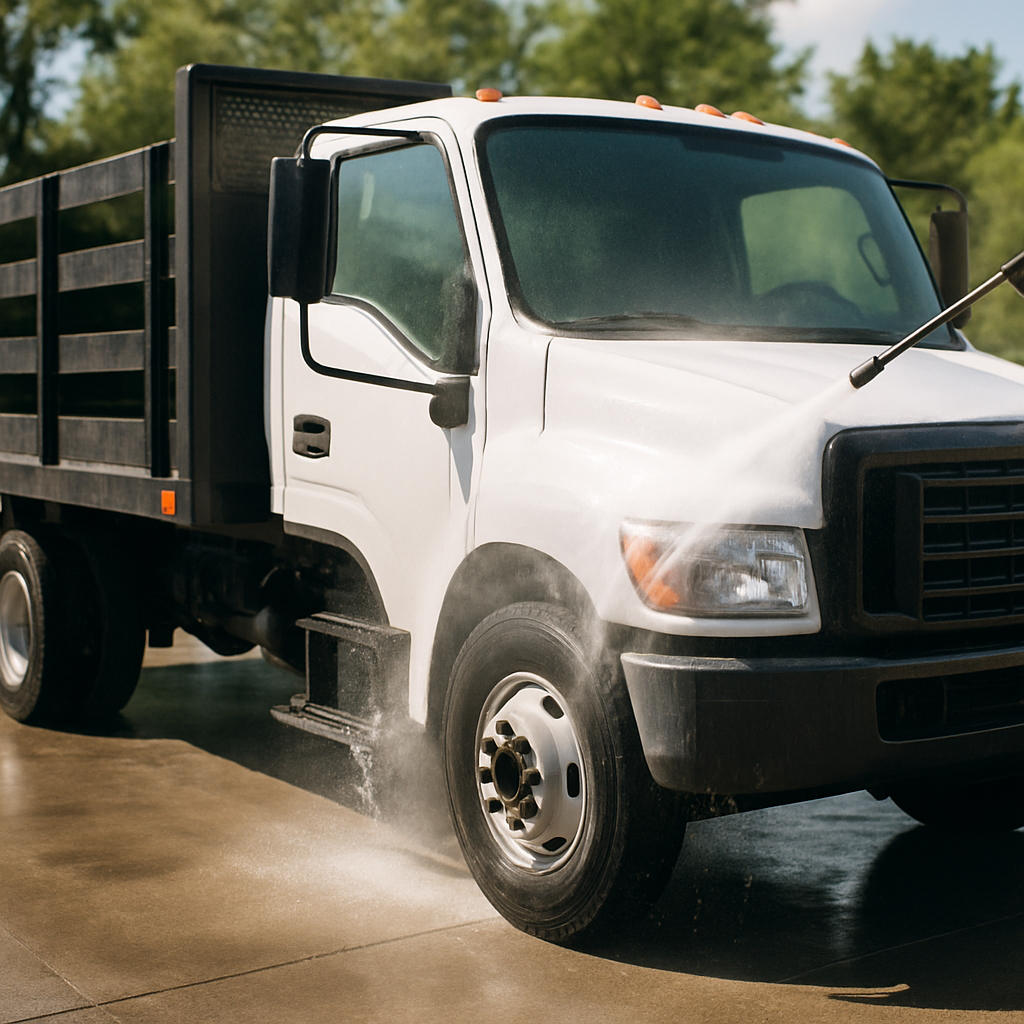 Minimal placeholder image with a work truck wash icon on a soft green-blue background