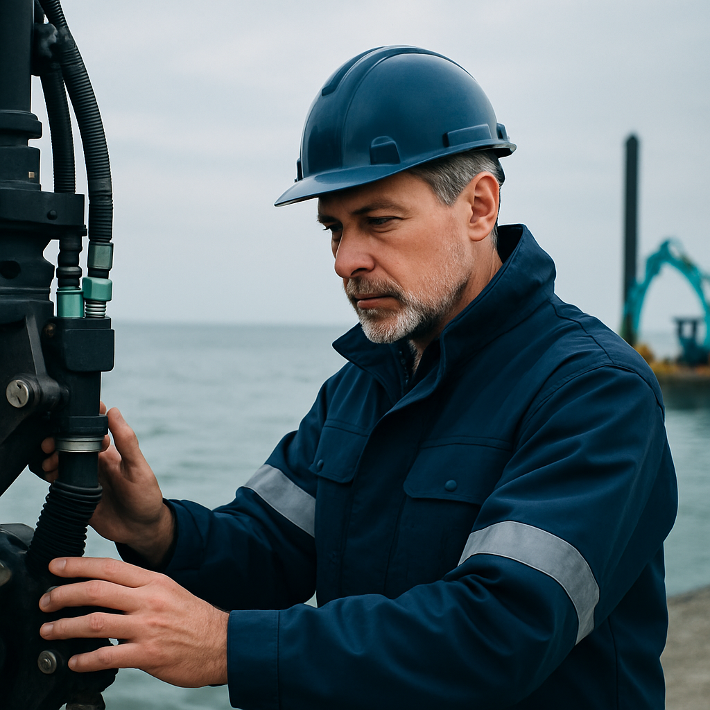 Dale Degelman in safety gear reviewing dredging equipment on a coastal project site with calm water behind him