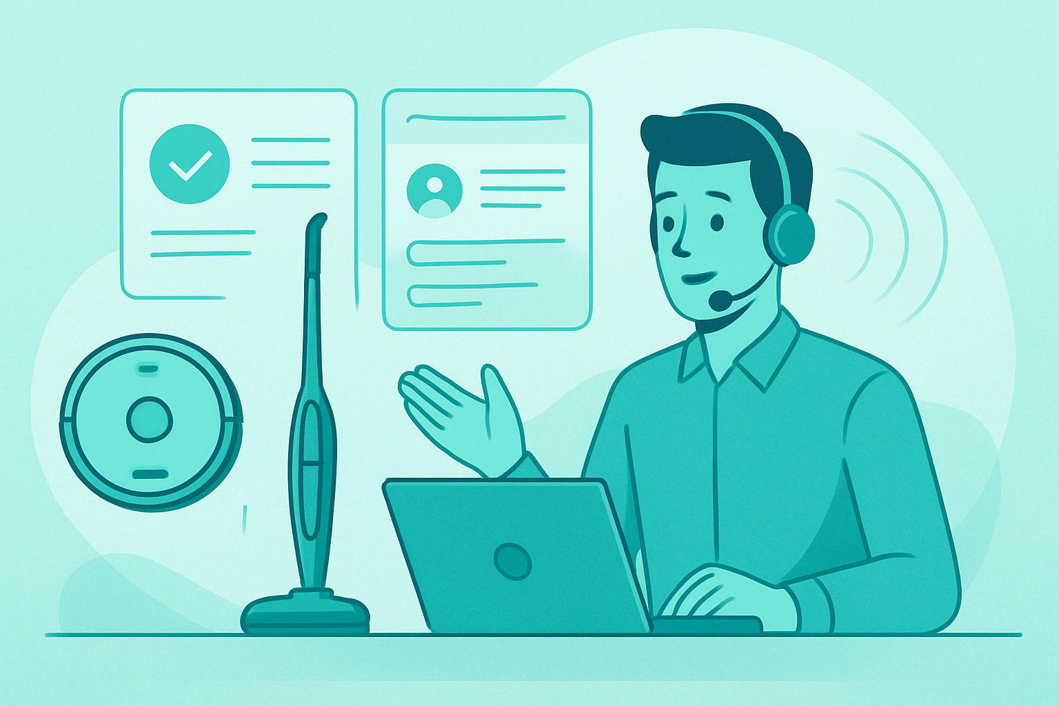 Turkuaz tonlarda robot süpürge ve dikey süpürgeyi temsil eden modern müşteri hizmetleri illüstrasyonu; minimal cihaz ikonları, servis panelleri ve iletişim dalgalarıyla profesyonel destek akışı