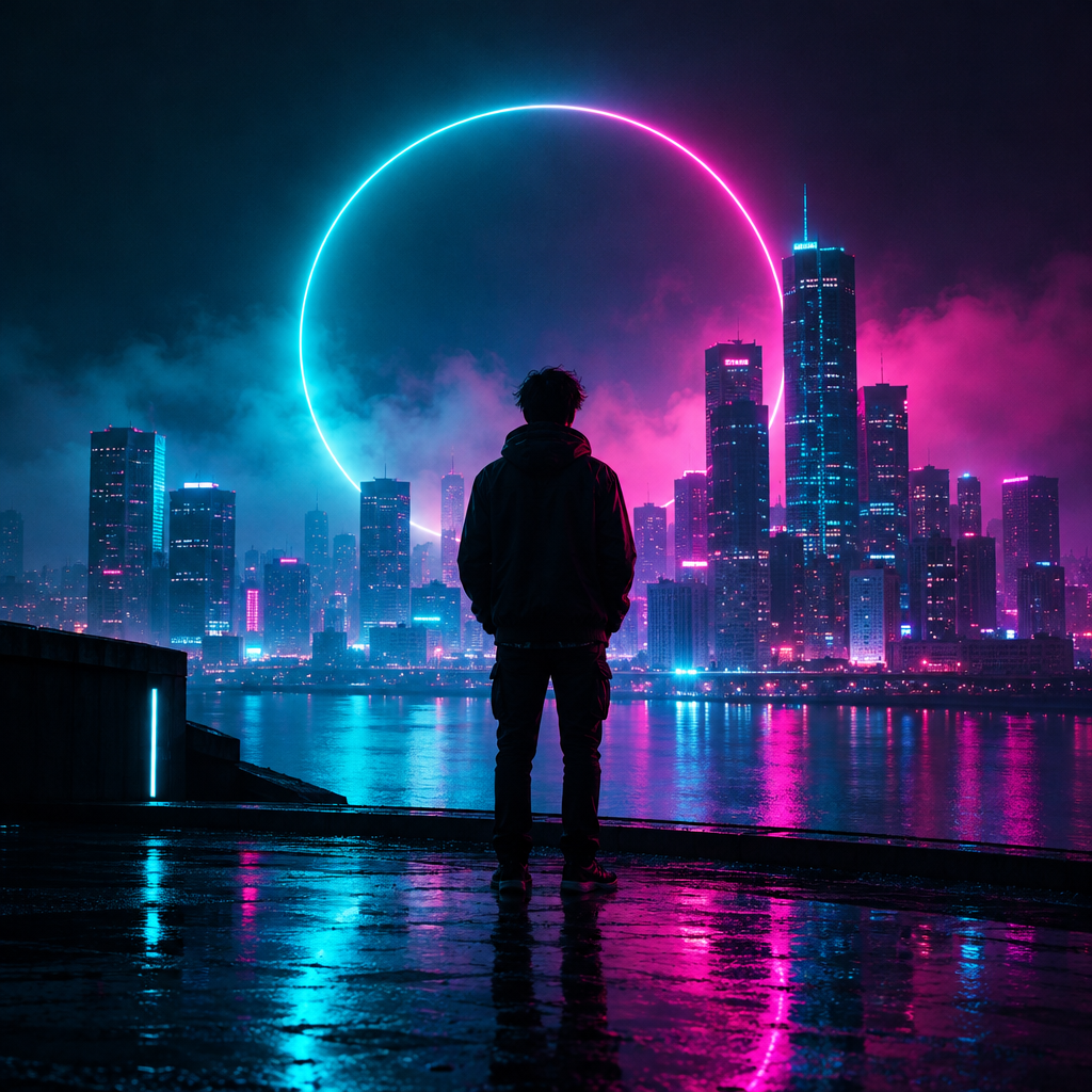 Neon cyan and magenta themed square album cover with a lone silhouette under city lights
