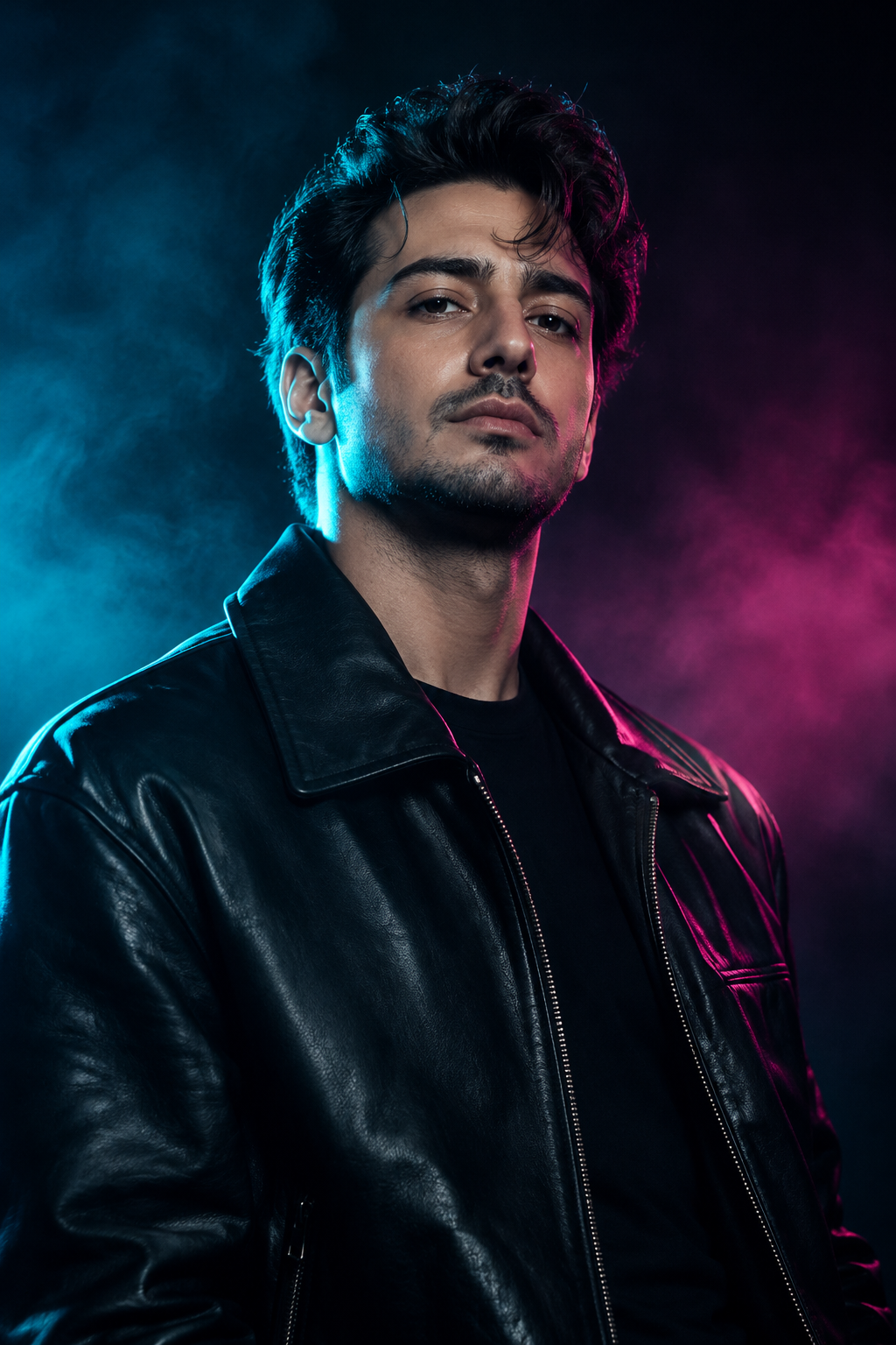 Portrait of a modern pop artist in a black leather jacket looking at the camera under neon cyan rim light