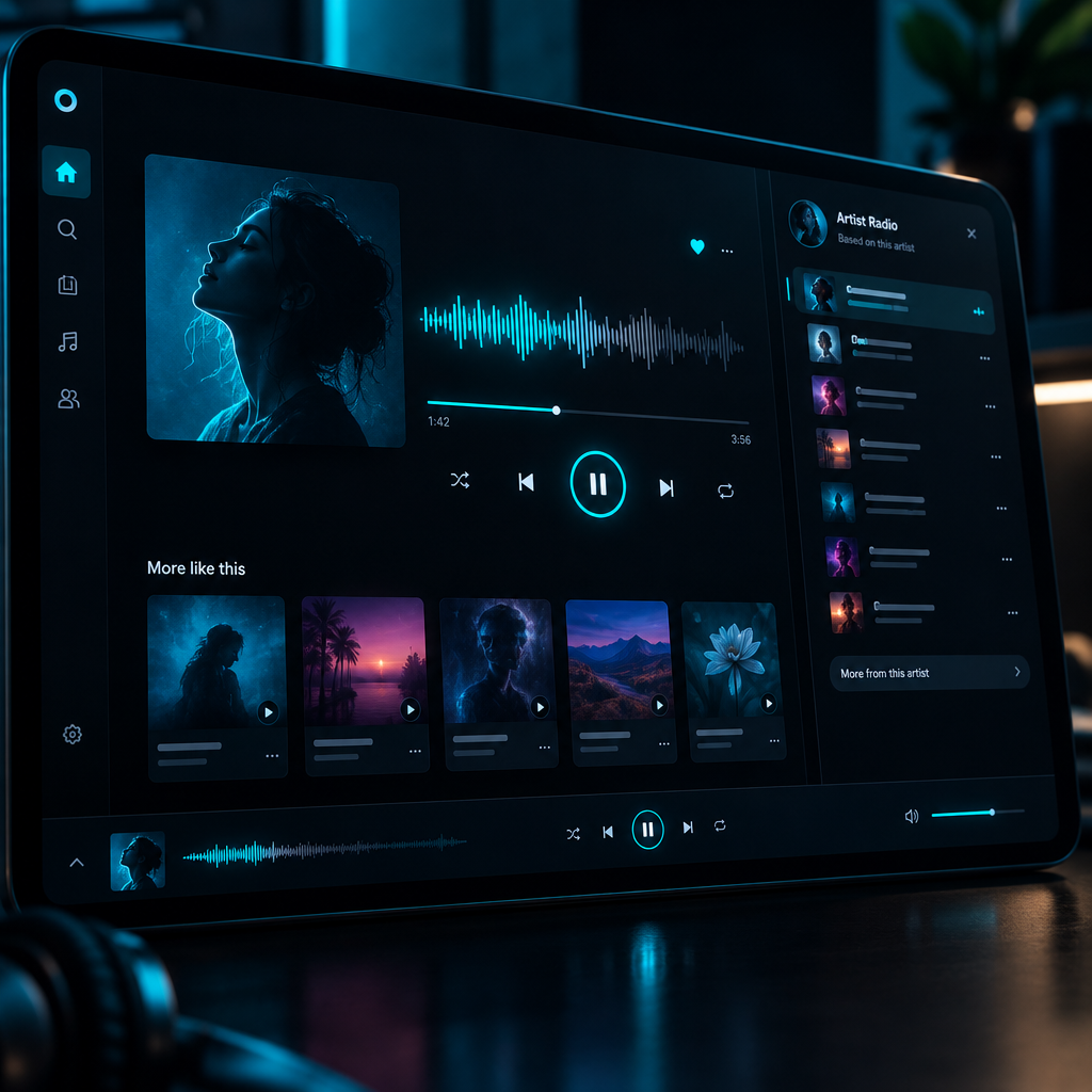 Koyu temalı müzik uygulaması ekranında dalga formu, sanatçı radyo akışını gösteren neon cyan kontrol düğmeleri