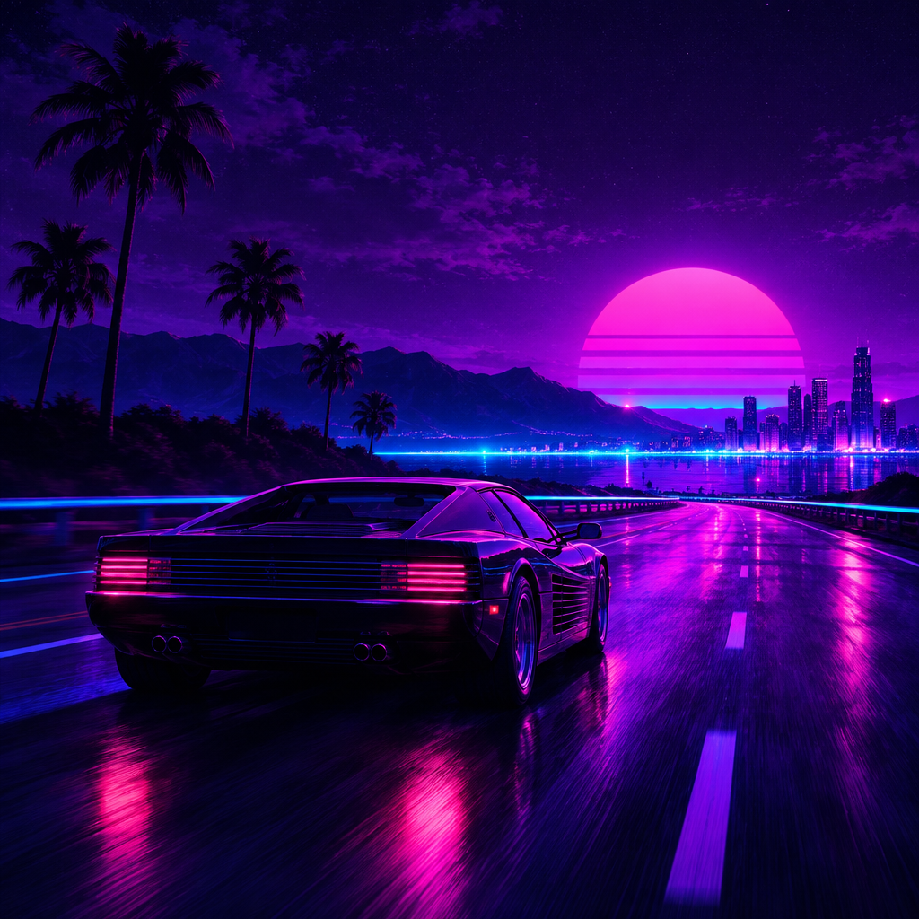 Mor ve mavi tonlarda gece sürüşü temalı synthwave albüm kapağı