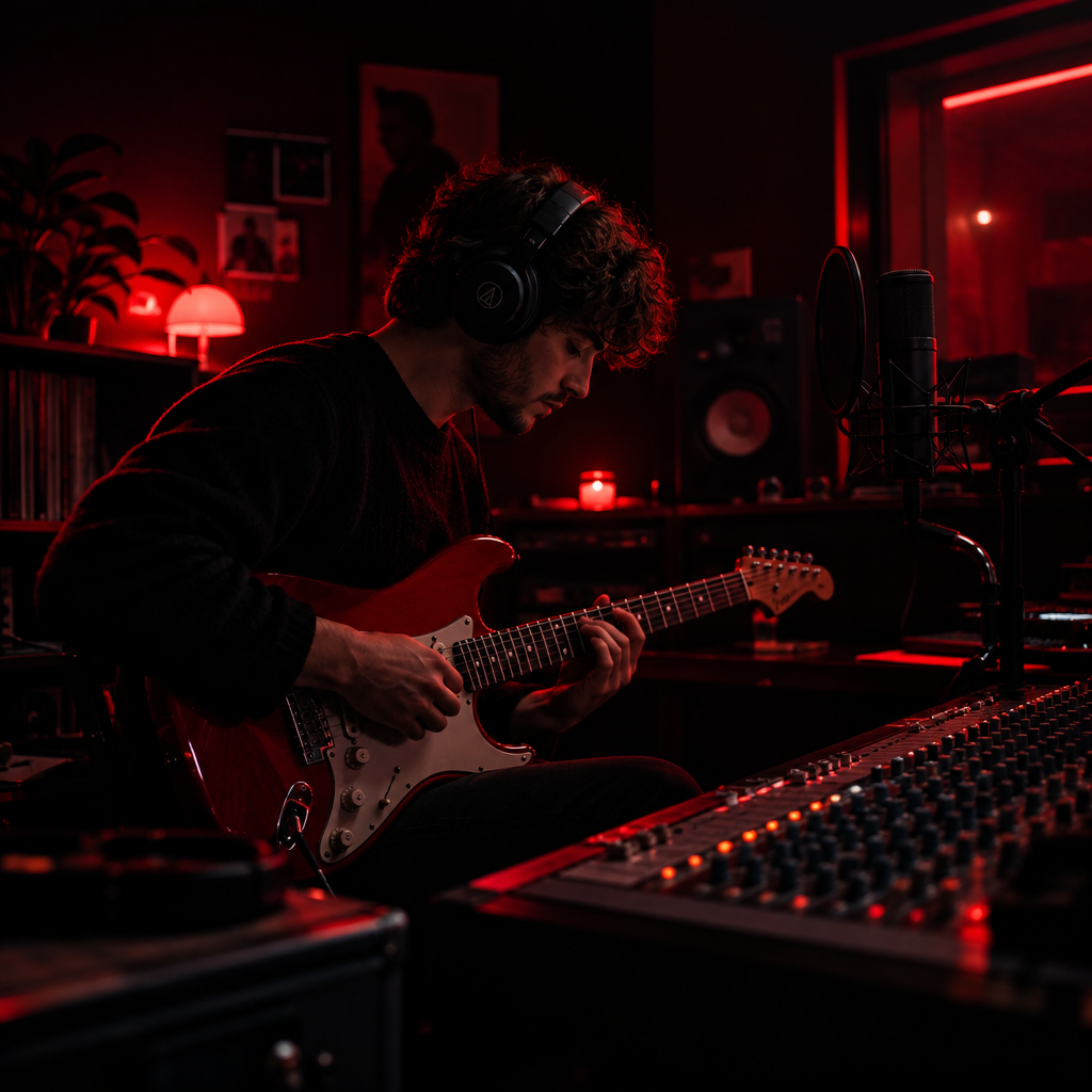 Kırmızı ışıklı küçük stüdyoda elektro gitar çalan müzisyen, yan tarafta analog mikser ve kulaklık