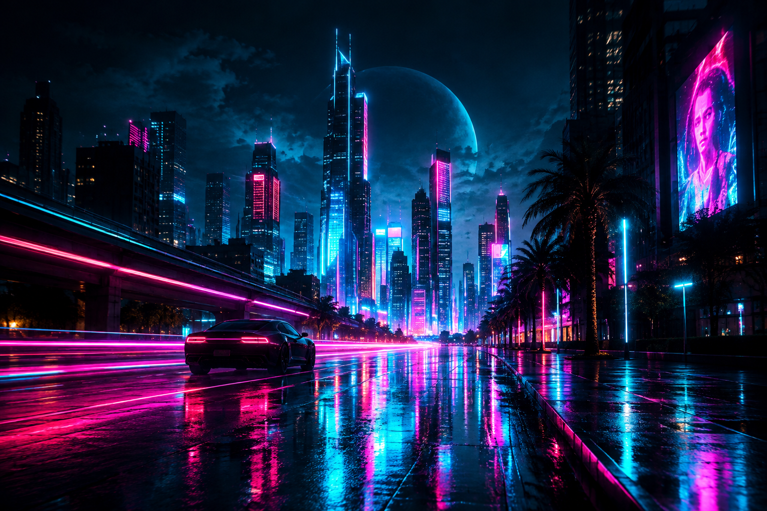 Neon ışıklar altında gece şehir atmosferini yansıtan dinamik elektronik çalma listesi kapağı